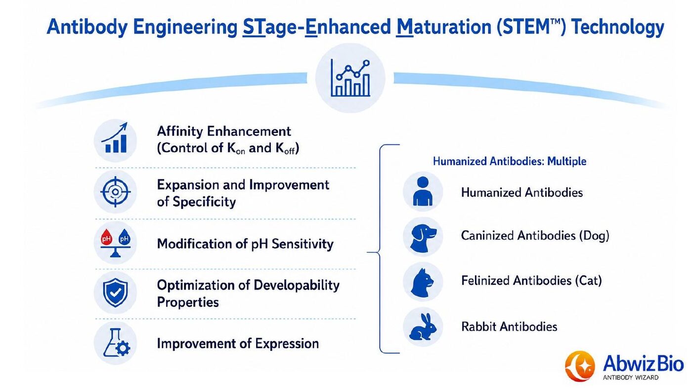 Overview of AbWiz Bio STEM affinity maturation technology showing affinity enhancement, specificity expansion, pH sensitivity modification, developability optimization and expression improvement across humanized, caninized, felinized and rabbit antibodies
